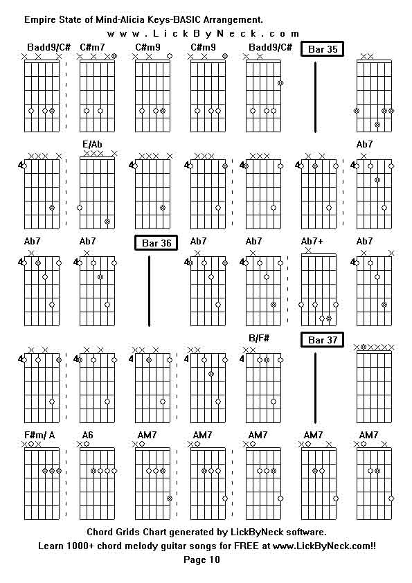 Chord Grids Chart of chord melody fingerstyle guitar song-Empire State of Mind-Alicia Keys-BASIC Arrangement,generated by LickByNeck software.